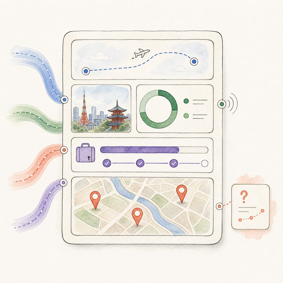 Hand-drawn living workspace with route, budget, packing, map, sync, and answer modules