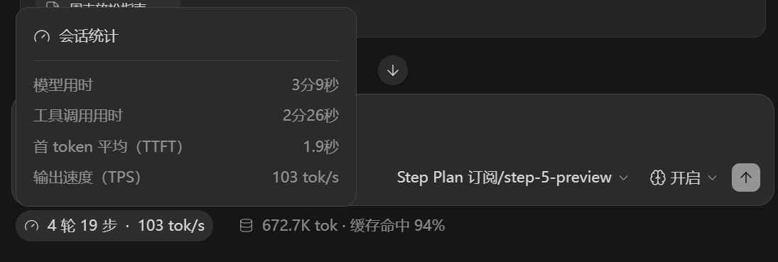 会话耗时、输出速度和 Token 统计