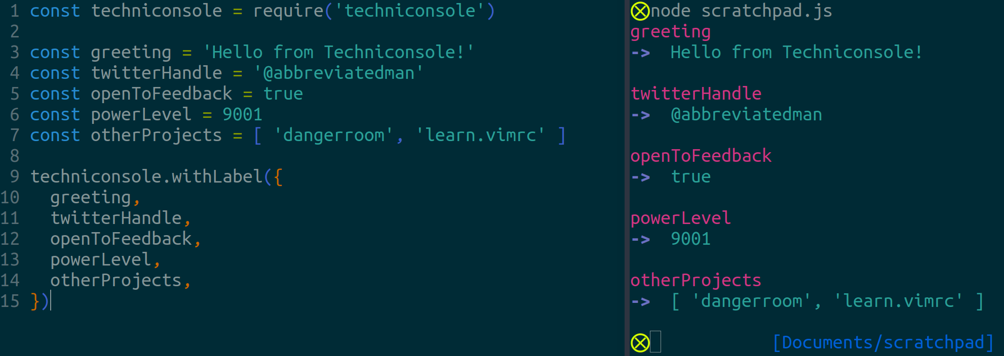 a screenshot of sevearl values being passed into `withLabel` using object property shorthand syntax