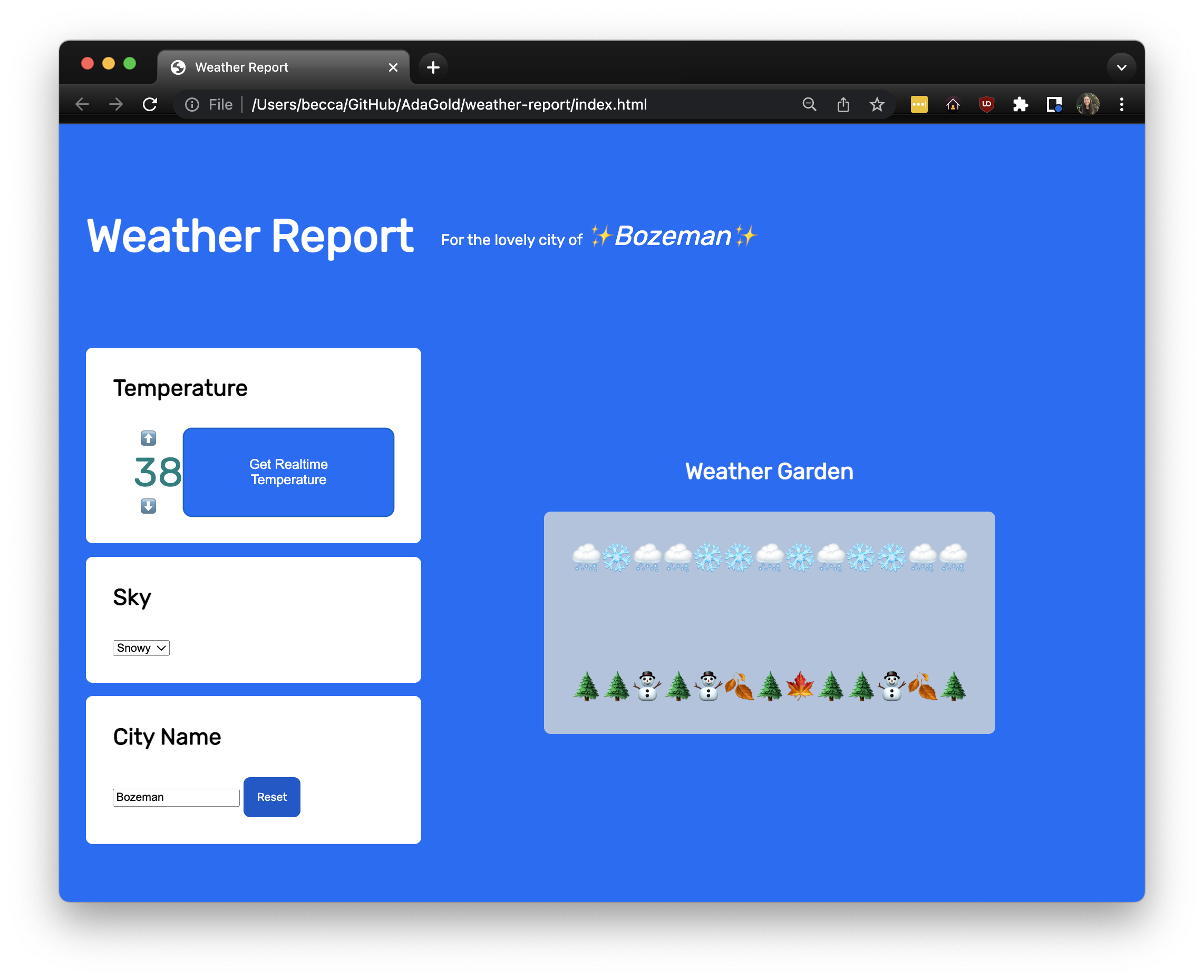 Example weather app: The temperature reads 38, in teal text. The selected dropdown for "Sky" is "Snowy." There is a depiction of snowy weather. The city name is "Bozeman." The header reads "Bozeman."