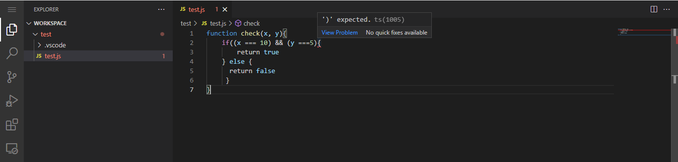 Visual Studio Code showing a highlighted syntax error