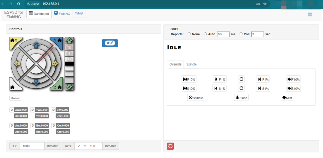 FluidNC WebUI manual jog control page