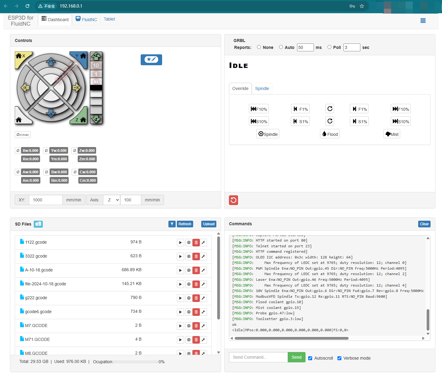 FluidNC WebUI access and SD card test