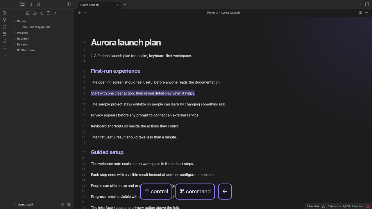 Cursor History Back shortcut shown over an earlier selection in Aurora Launch
