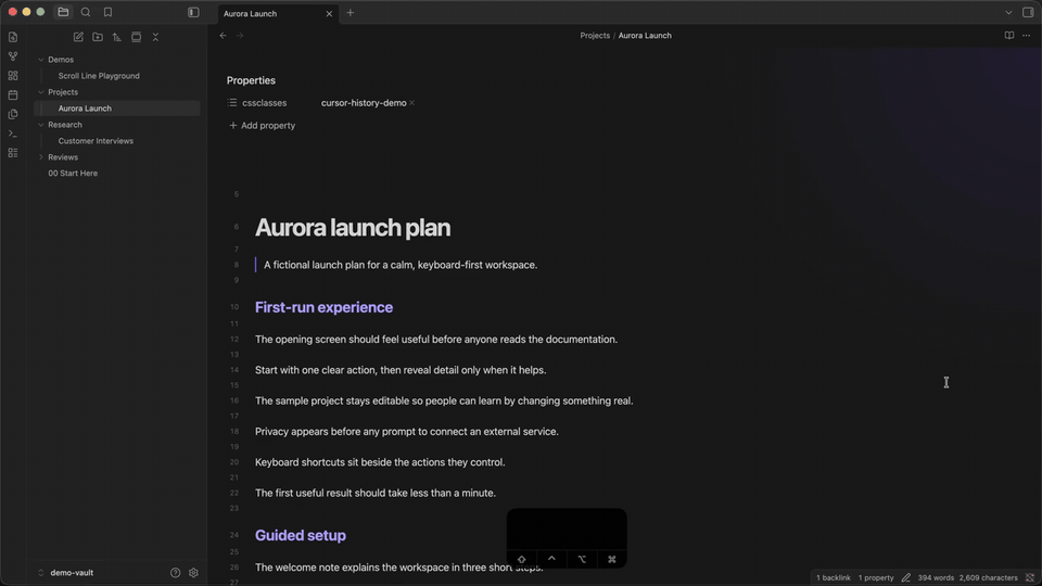 Cursor History demo showing back and forward navigation with visible keyboard shortcuts