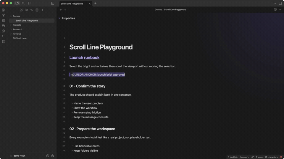 Scroll Line demo showing the viewport move with visible keyboard shortcuts