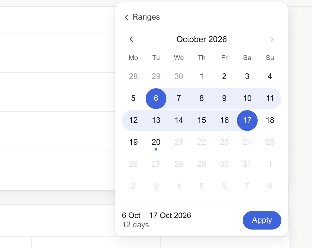 One-month range calendar with a soft band between solid end days