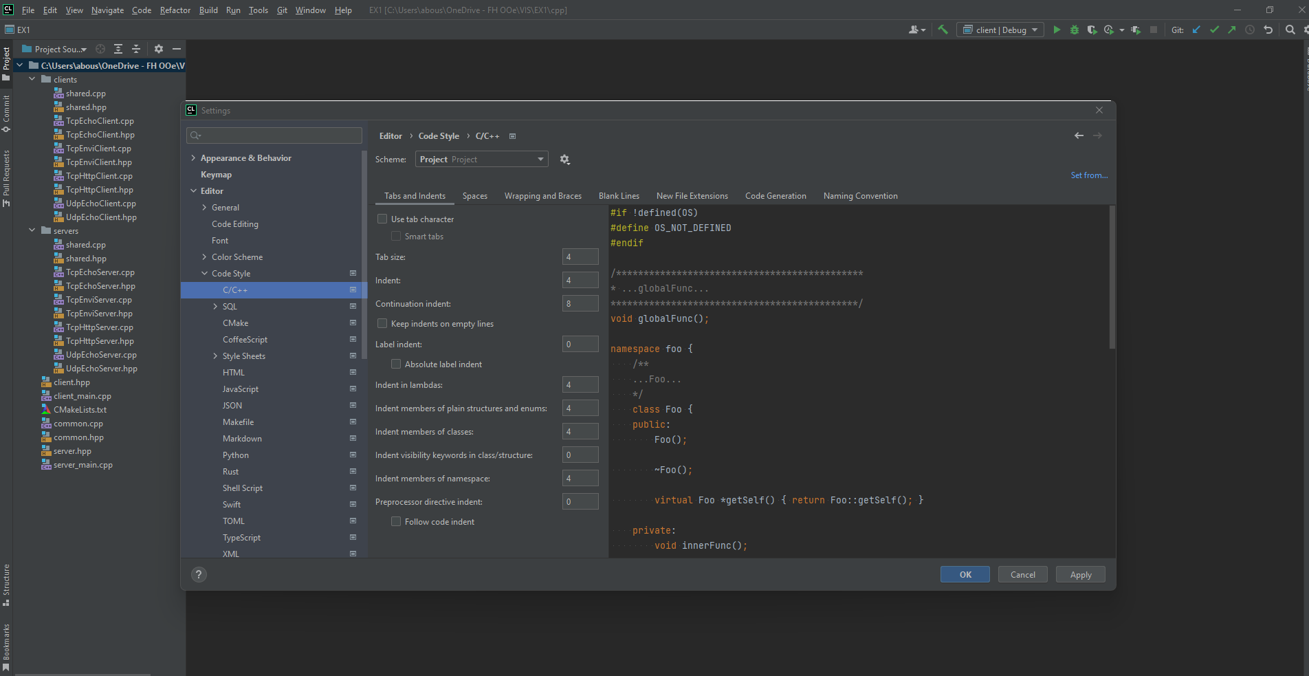 Settings of the code styles in the editor section of the settings.