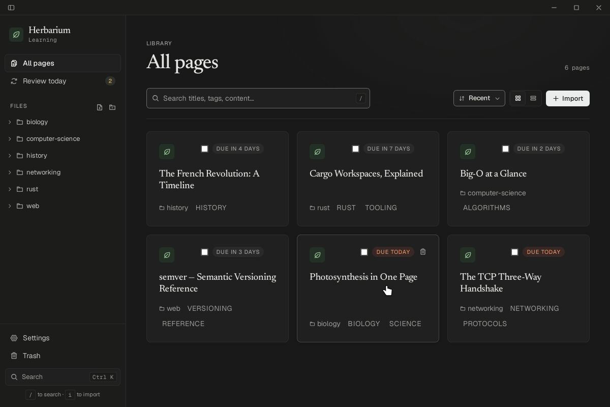 Herbarium: search a page, use it in the reader, then run a review session