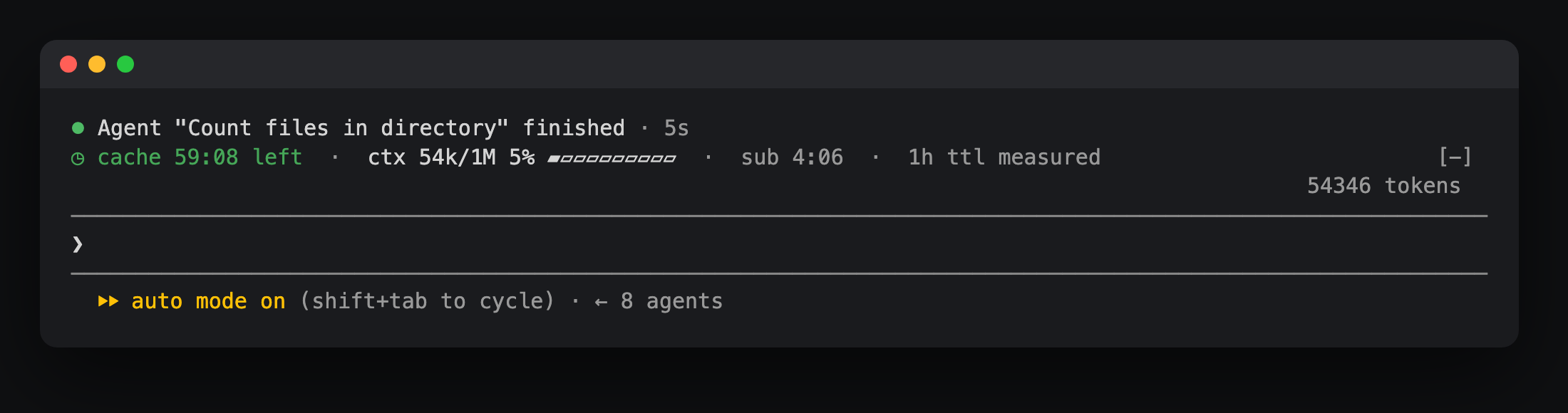 cache-clock: the band above the Claude Code prompt, showing 59:08 left on the cache, context at 54k of 1M, a subagent clock and the measured 1h TTL