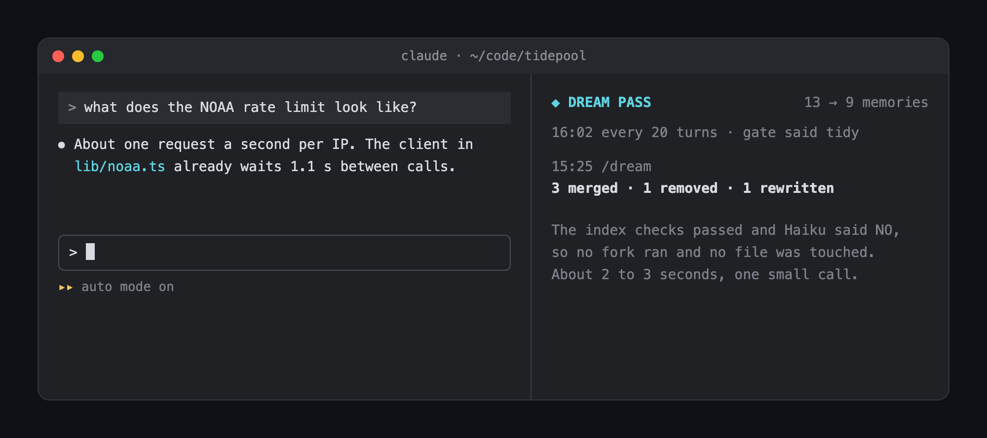 A periodic check where the index checks pass and Haiku says NO: the pane shows "gate said tidy", no fork runs and no file is touched