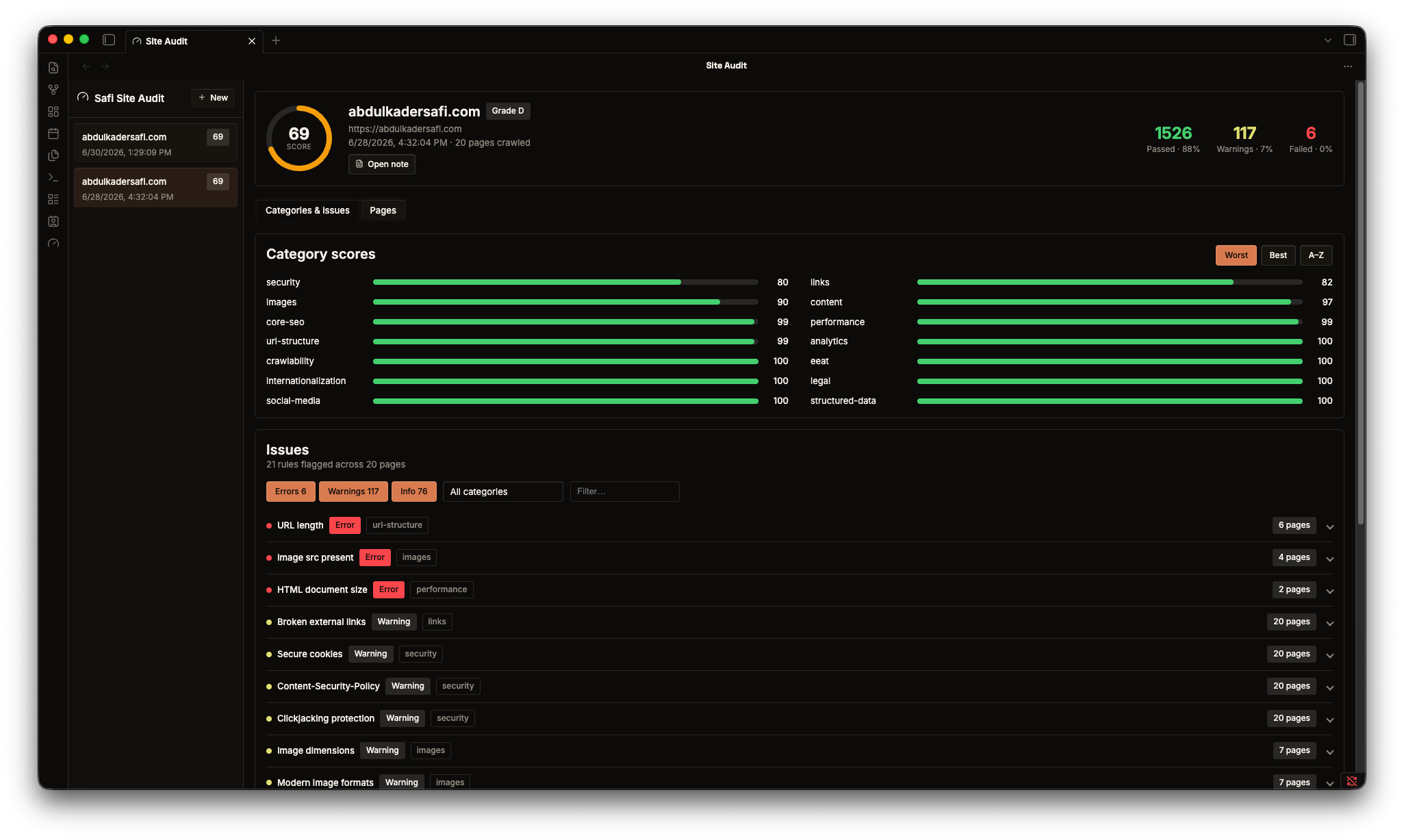 Safi Site Audit dashboard