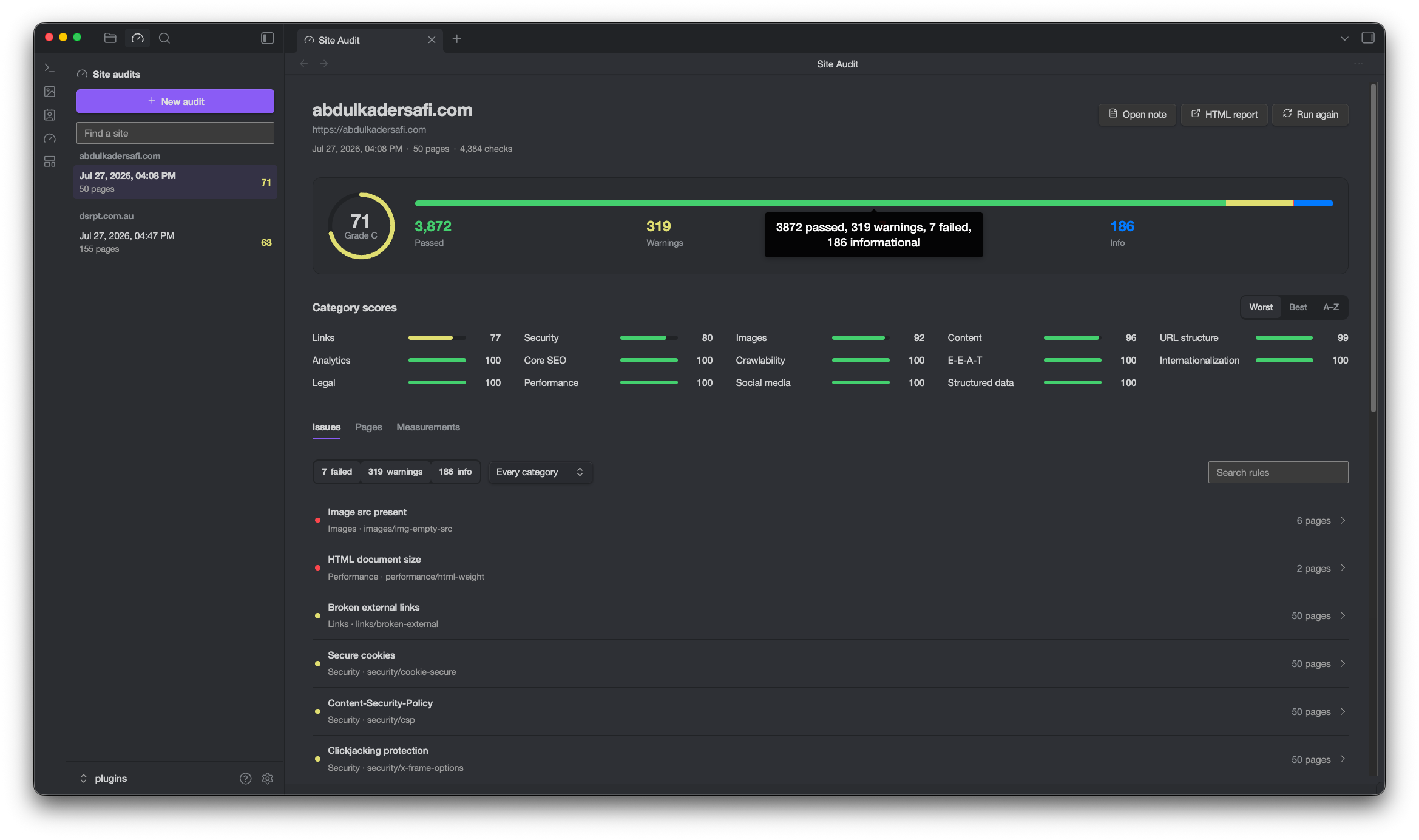 Safi Site Audit dashboard