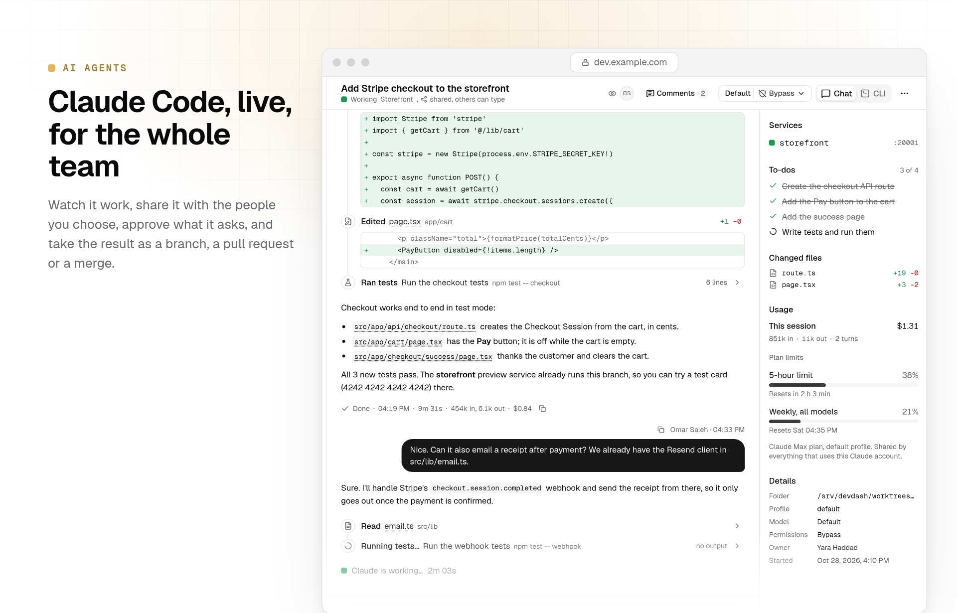 A Claude Code session in DevDash: tool steps with a diff, test results, a teammate's message, to-dos, changed files and usage