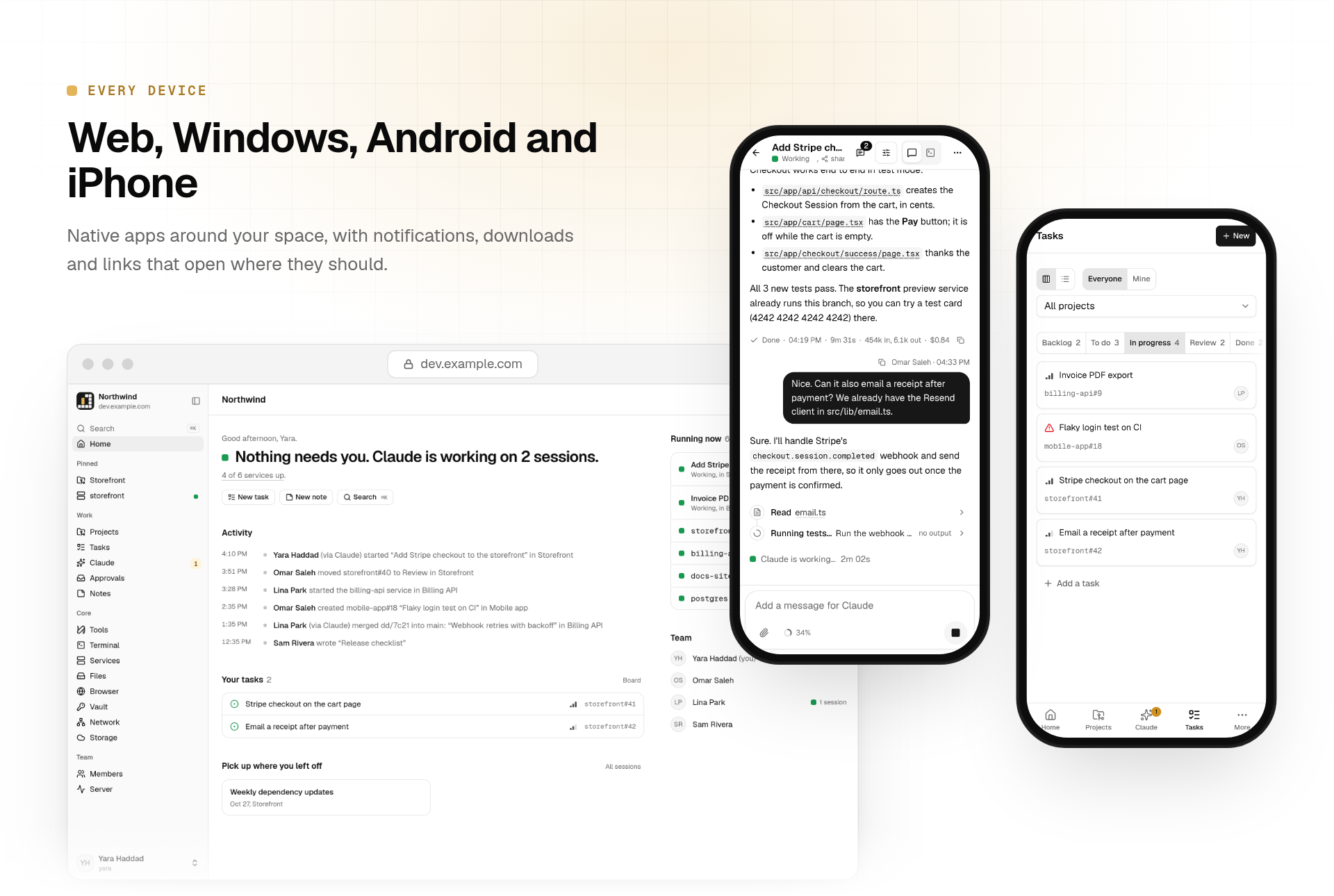 DevDash on a desktop window and two phones: a Claude session and the task board