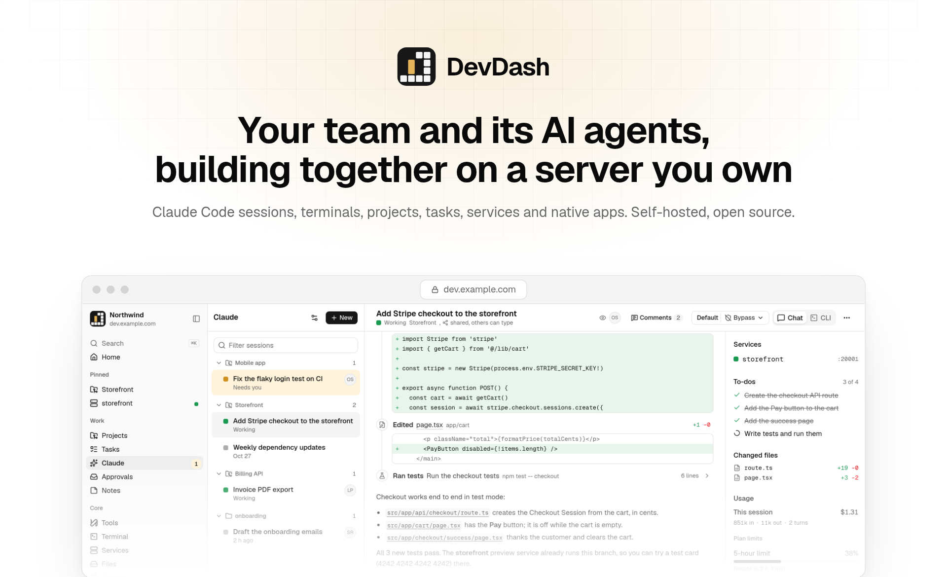 DevDash: a Claude Code session running in DevDash, next to the team's other sessions