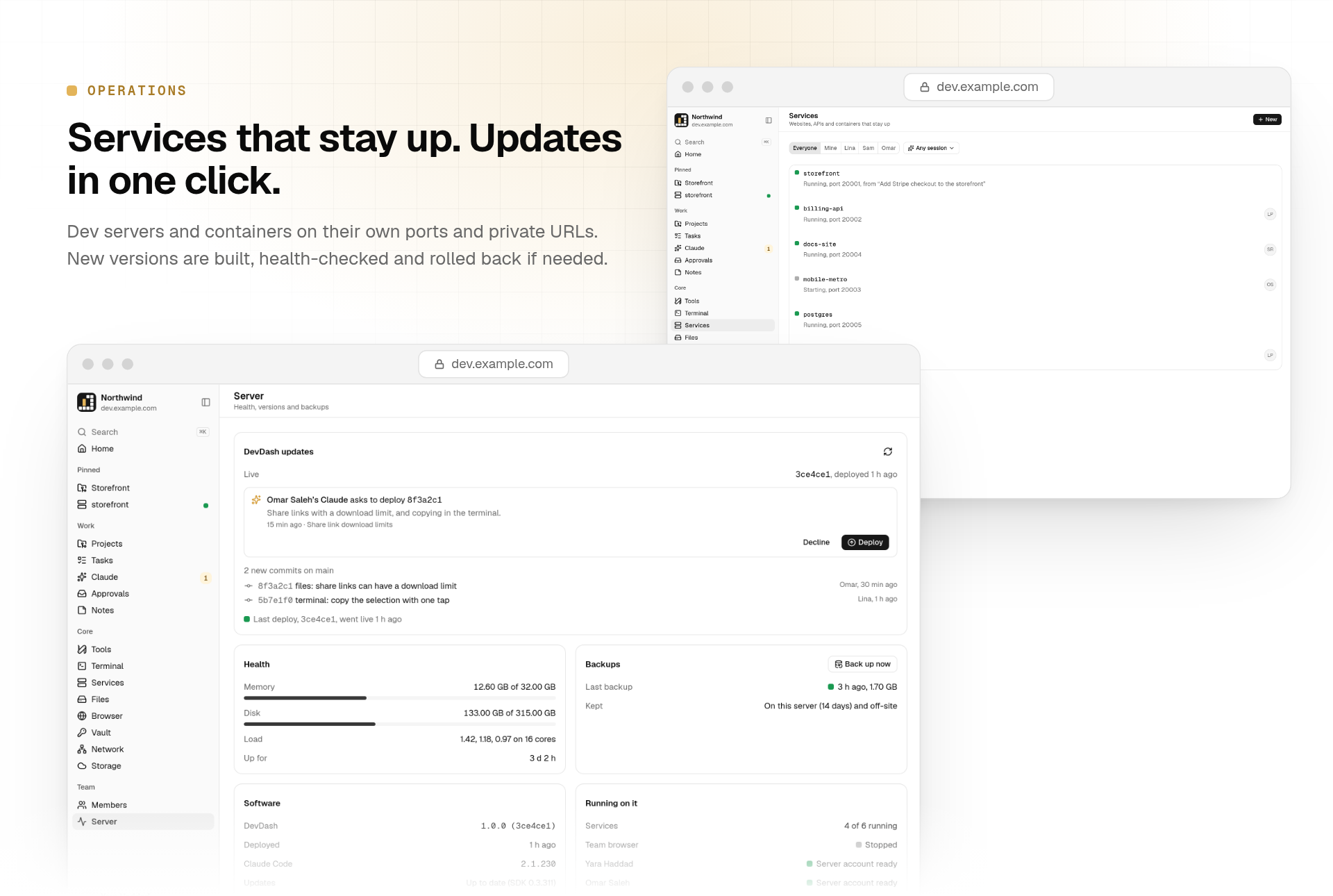 The Server page with a deploy request from a teammate's Claude session, health and backups, in front of the services list