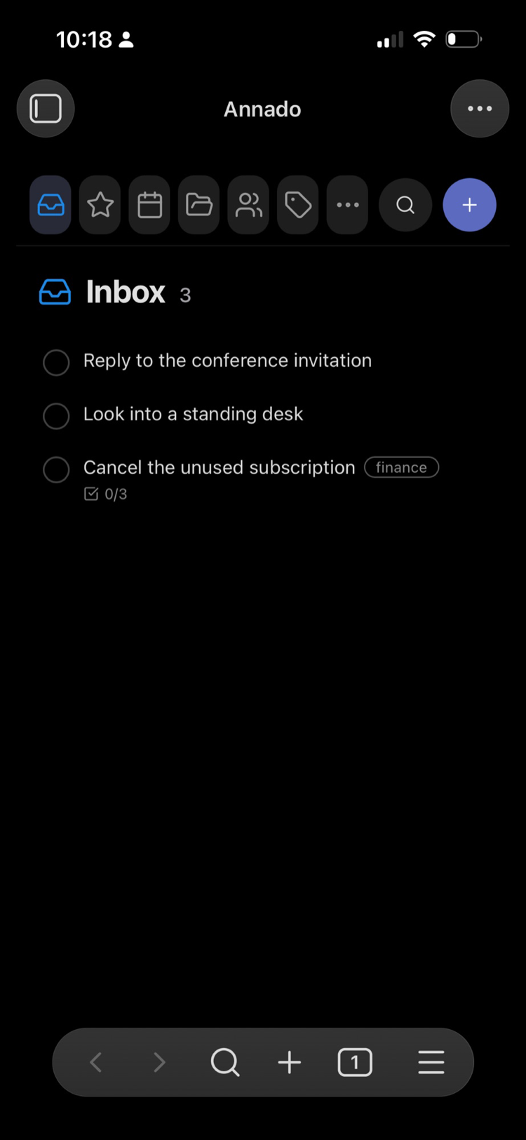 The Inbox in dark mode