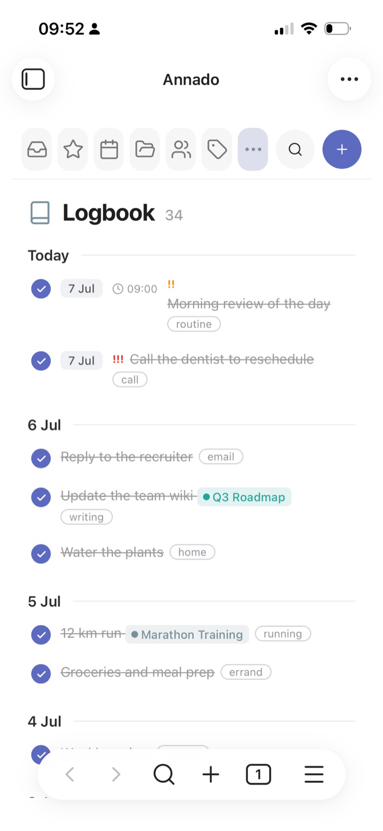 Logbook of completed tasks, grouped by day