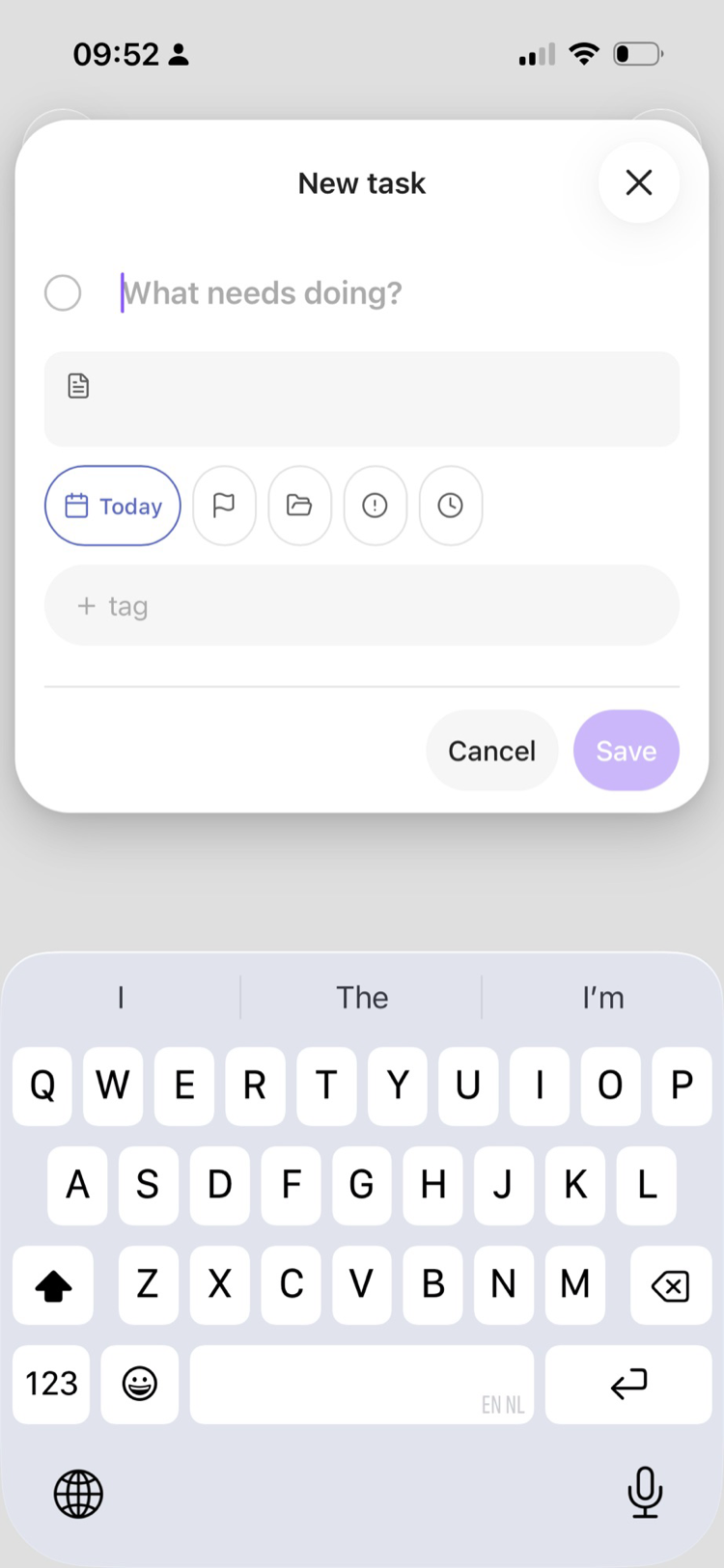 The New task sheet