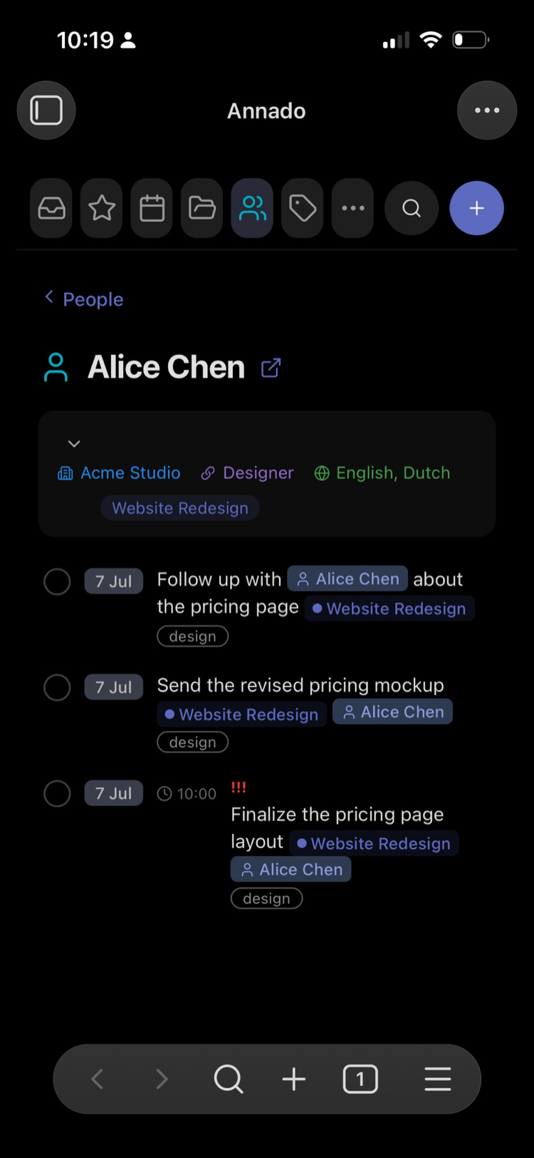 A person's detail view in dark mode
