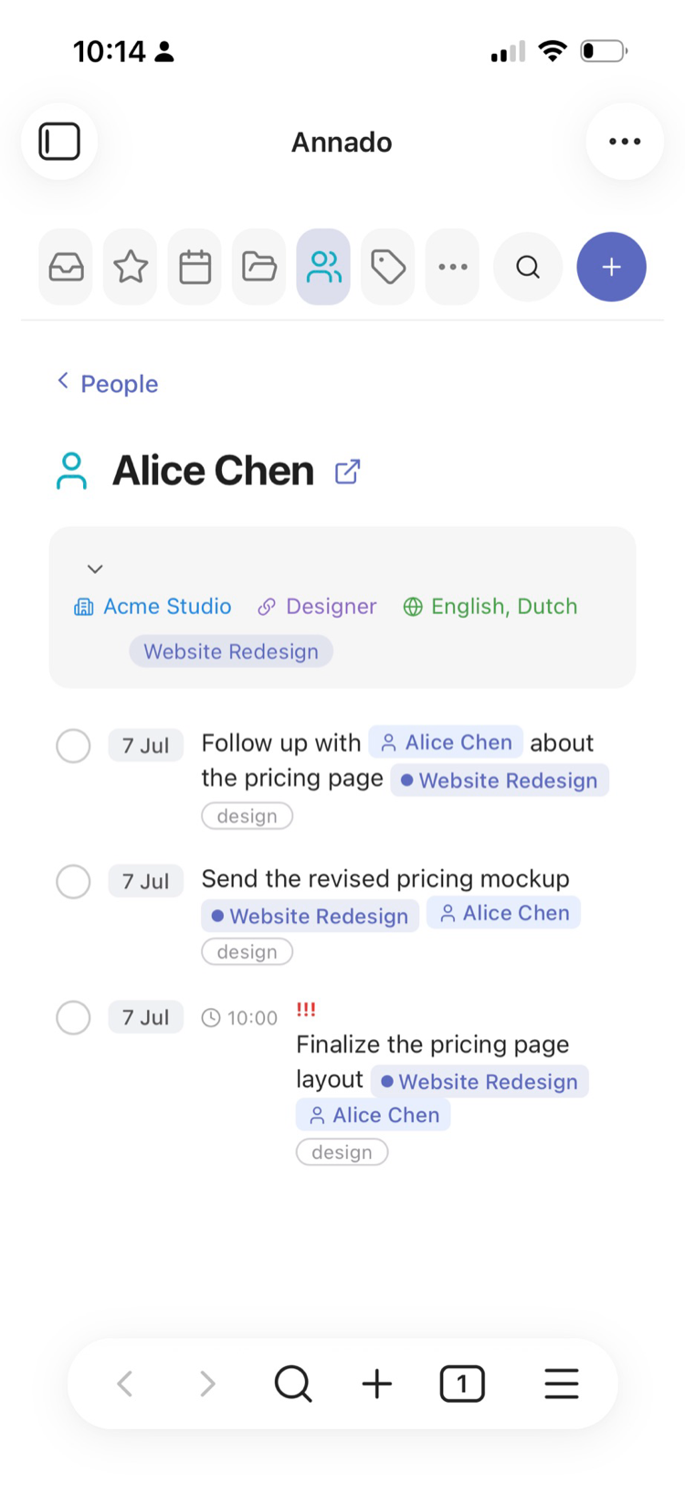 A person's detail view with organisation, role, languages and their tasks