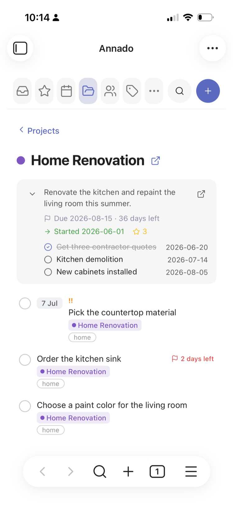 A project's detail view with description, due date, milestones and its tasks