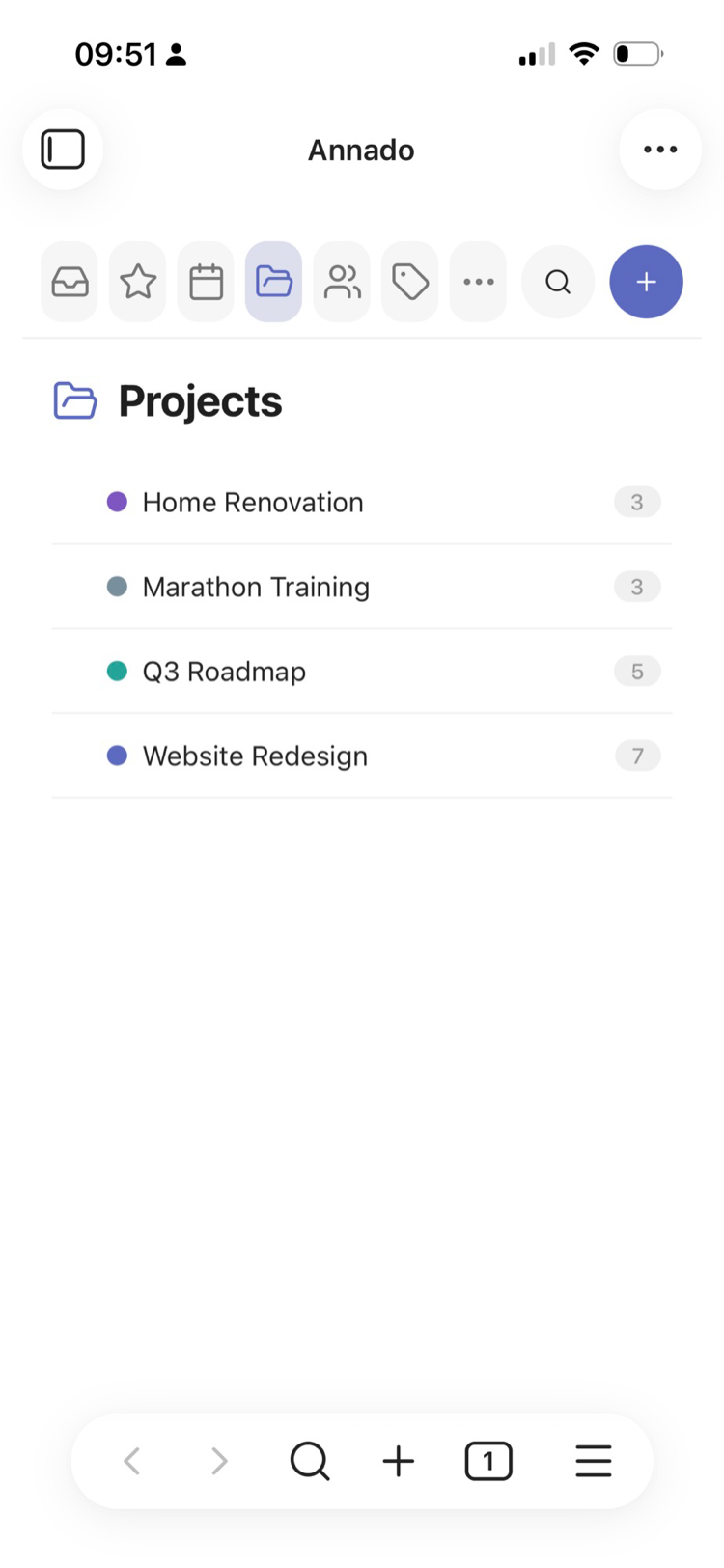 Projects view with color dots and task counts