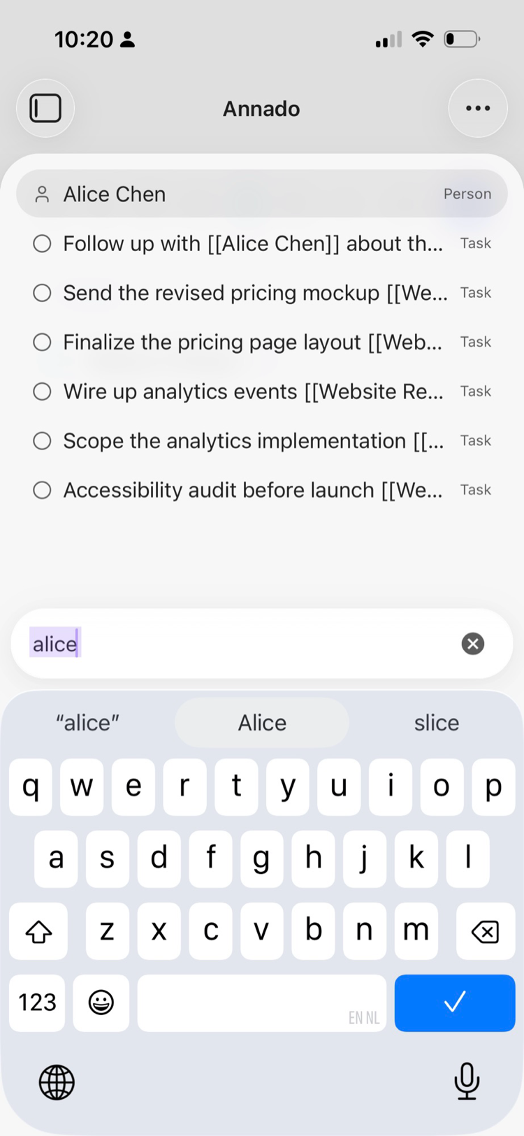 Quick Find: typing 'alice' surfaces the person Alice Chen plus every matching task