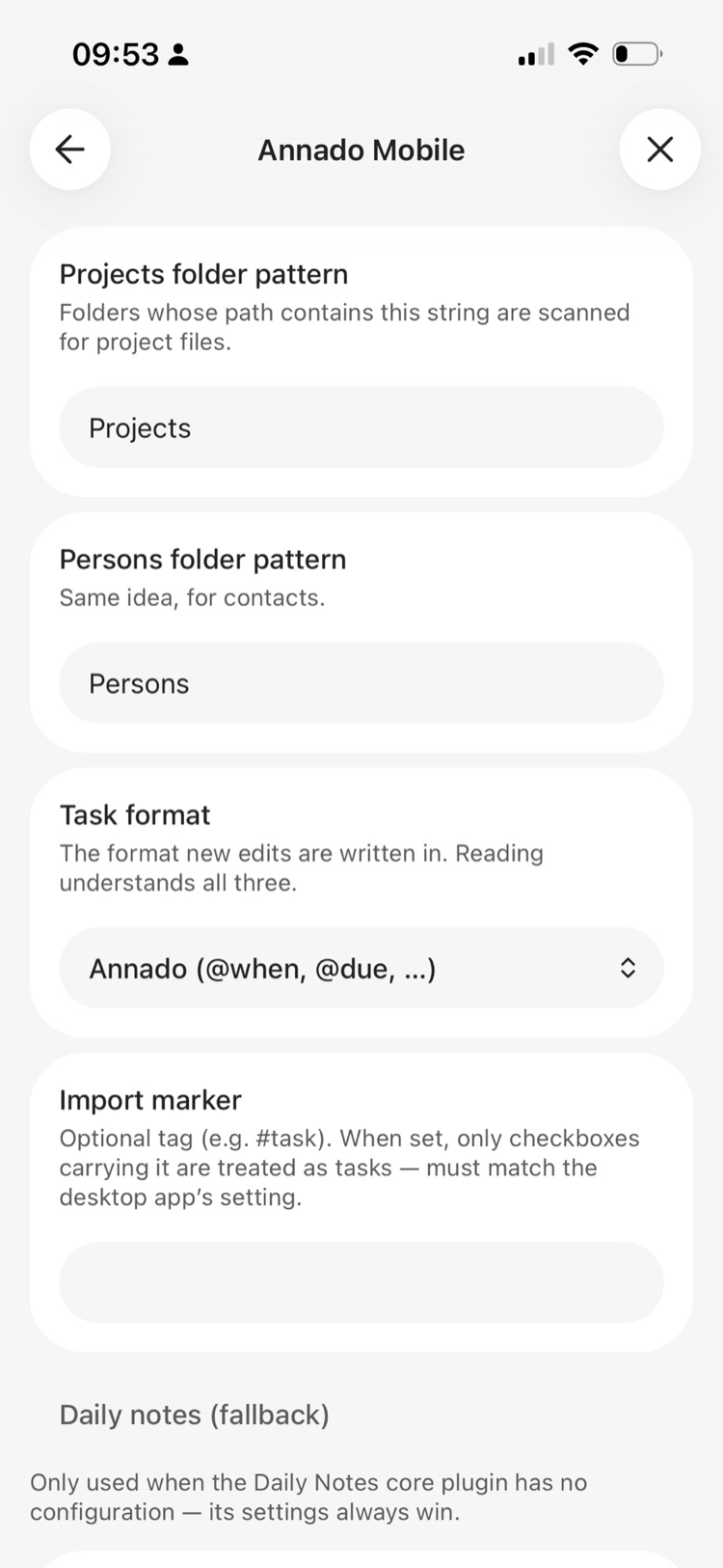Settings: folder patterns, task format, import marker