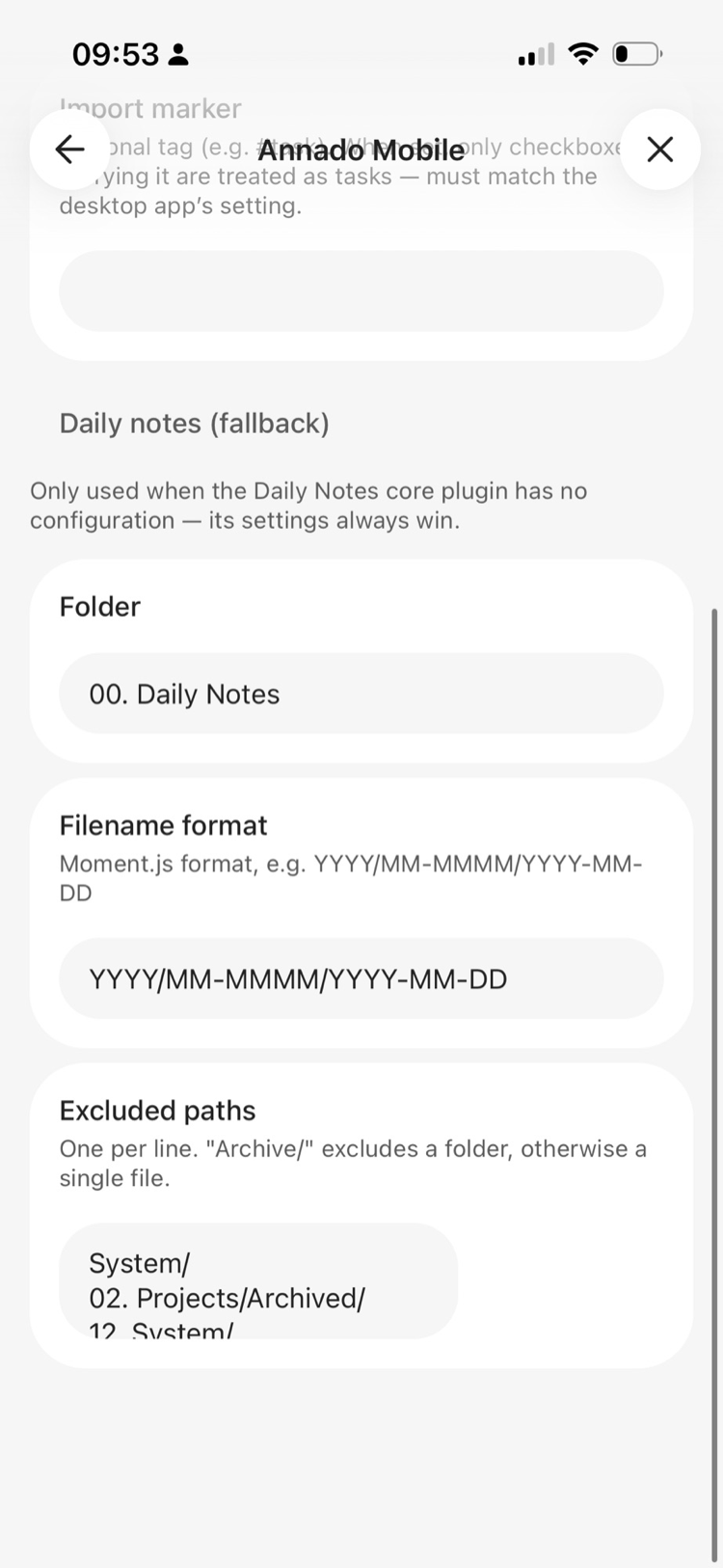 Settings: daily notes fallback and excluded paths