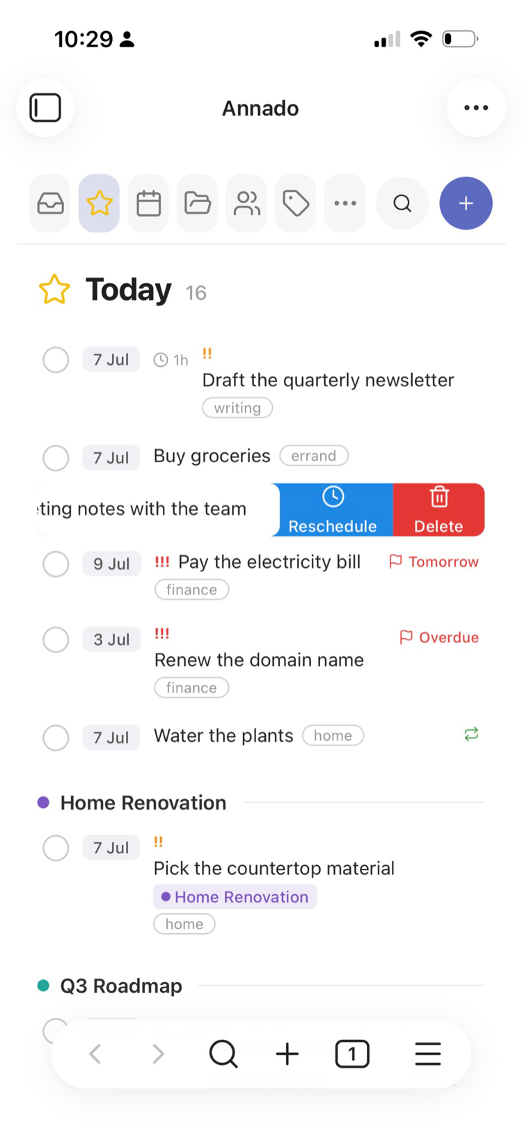 Swiping a task left reveals Reschedule and Delete buttons
