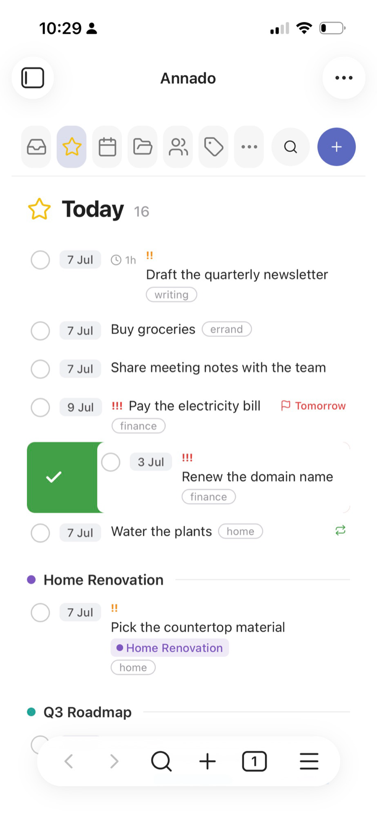 Swiping a task right reveals the green complete action