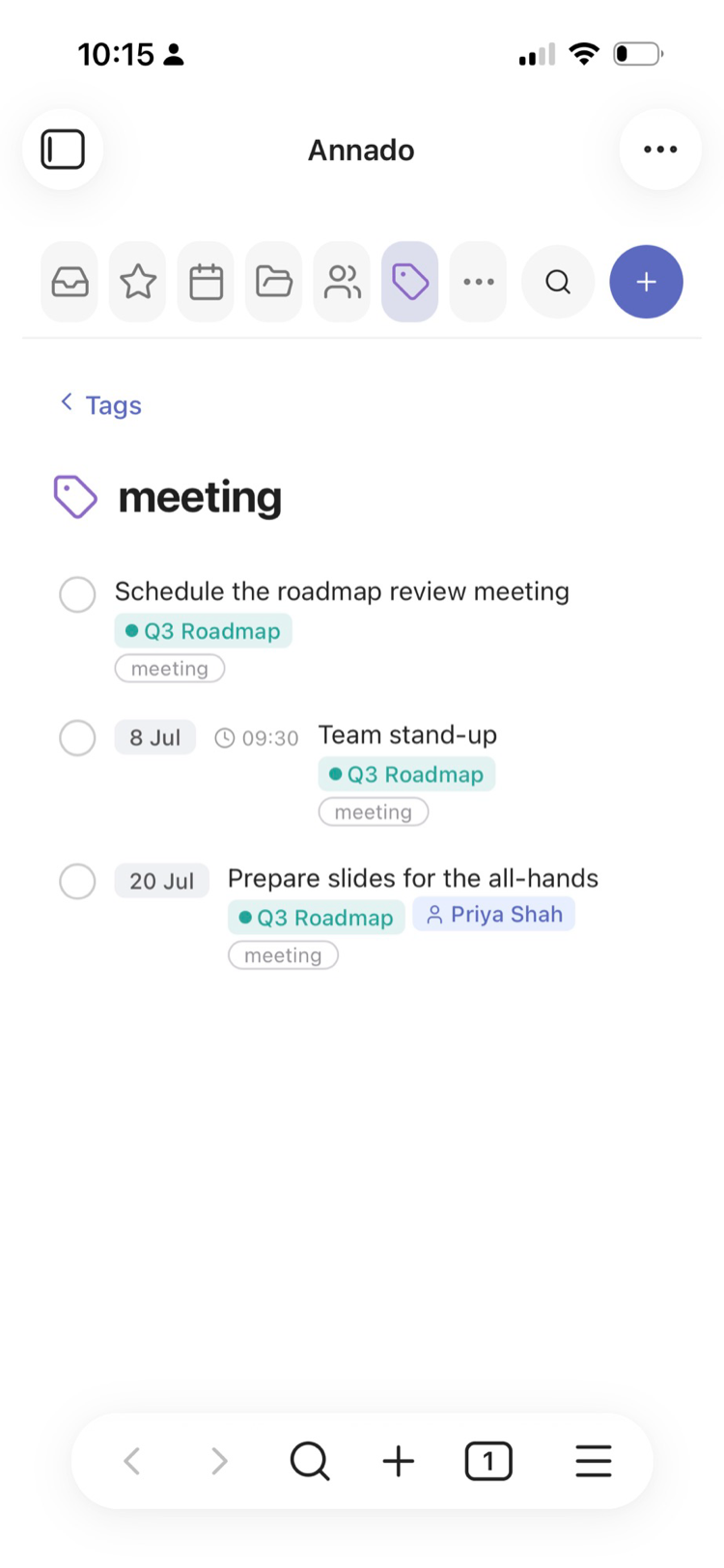 A tag's detail view listing every task carrying it