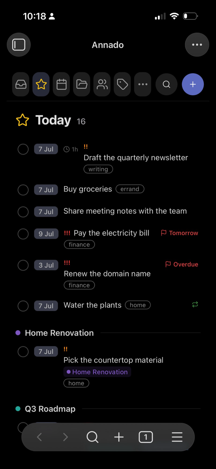 The Today view in dark mode
