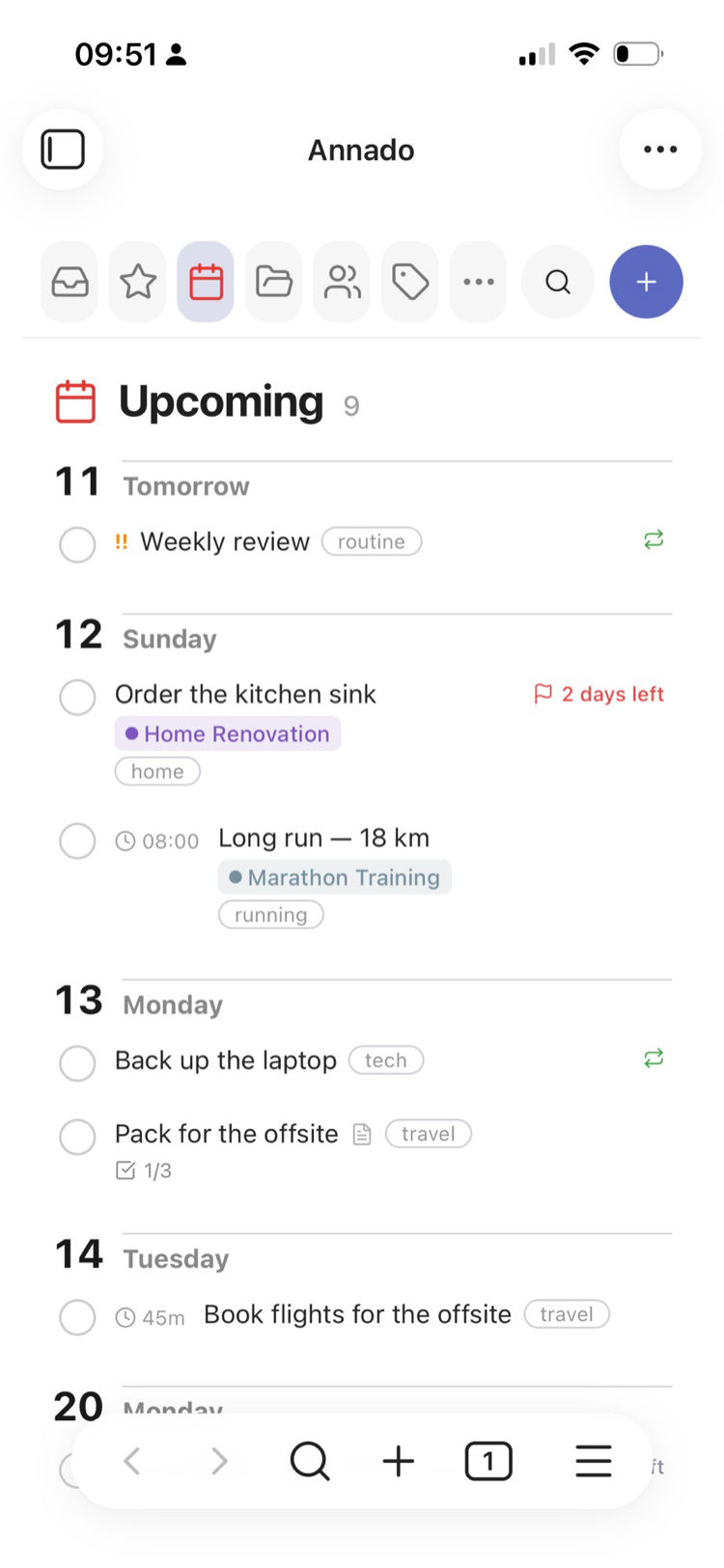 Upcoming view, grouped by day