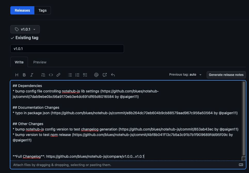 Paste changelog notes into release tag in GH