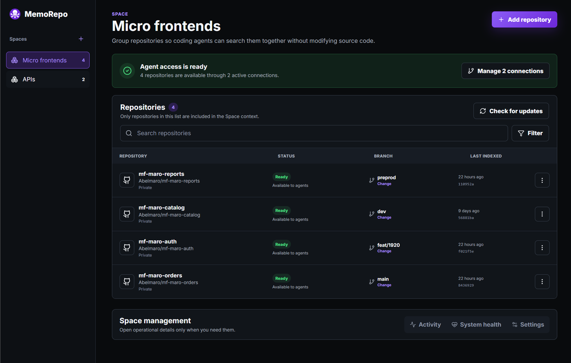 MemoRepo dashboard showing repository spaces and indexing status
