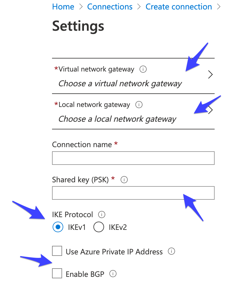 Azure Virtual Network Gateway Connection Settings