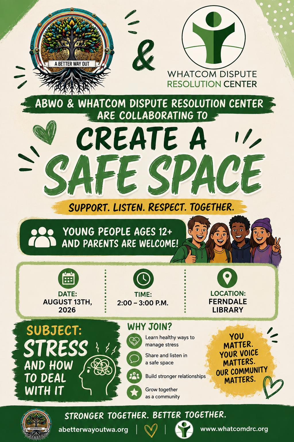 Create a Safe Space event flyer — ABWO and Whatcom Dispute Resolution Center