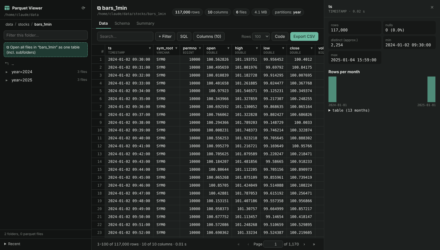 Folder of partitioned files opened as one table, dark mode