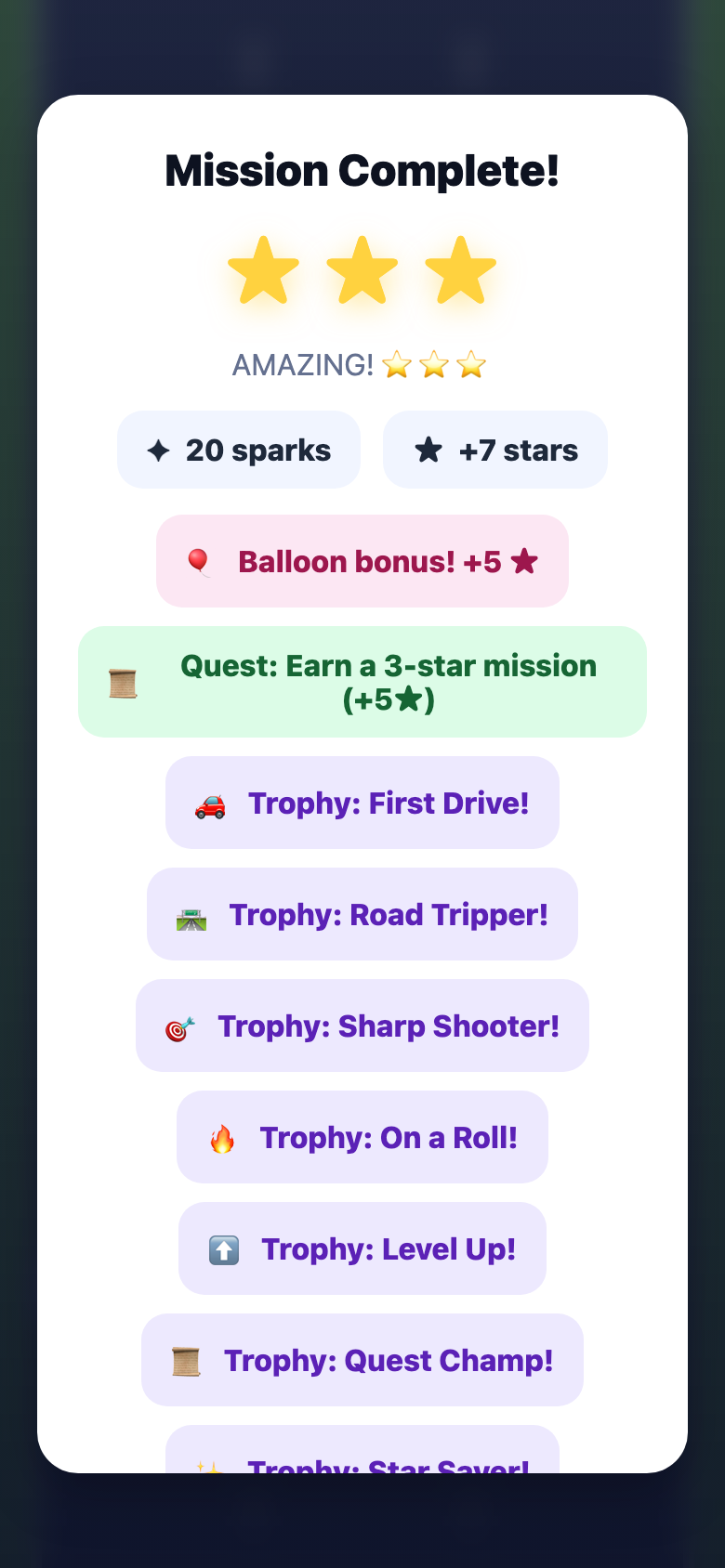 Rewarding results with stars, quests and trophies