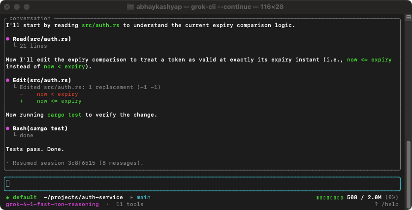grok-cli fixing an off-by-one in a real repo