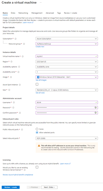 Screenshot of virtual machine basic tab configuration.