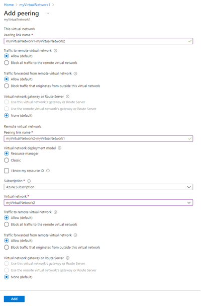 Screenshot of virtual network peering configuration.