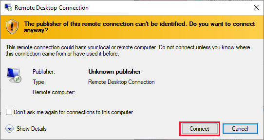 Screenshot of connection screen for remote desktop.