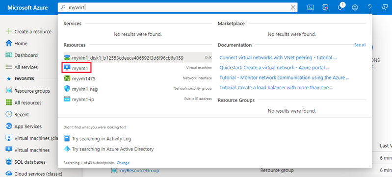 Screenshot of searching for myVm1.