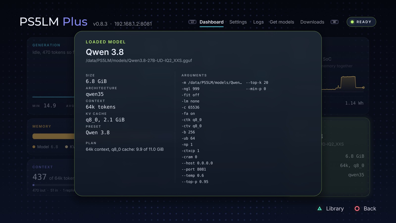 The loaded-model panel for Qwen 3.8 27B UD-IQ2_XXS: its plan and llama-server arguments