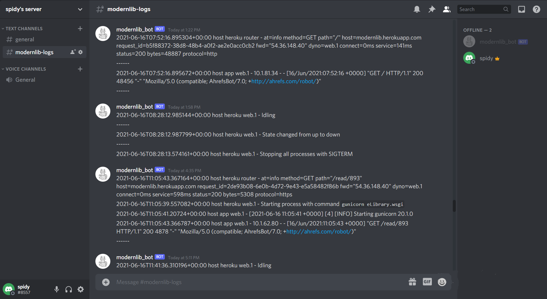 Discord channel receiving heroku app logs