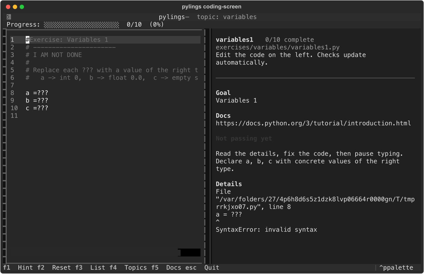 Coding screen